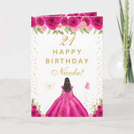 ホットピンクの花柄のダークスキンの女の子の誕生日 カード
