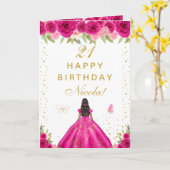ホットピンクの花柄のダークスキンの女の子の誕生日 カード (黄色い花)