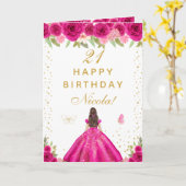 ホットピンクの花柄のダークヘアの女の子の誕生日 カード (黄色い花)
