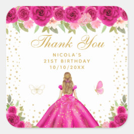 ホットピンクの花柄の金髪のプリンセスの誕生日 スクエアシール