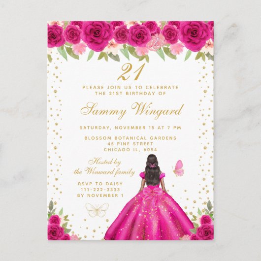 ホットピンクの花柄の黒い肌のプリンセスの誕生日パーティー ポストカード (正面)