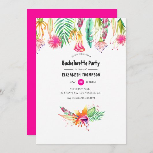 ホットピンクの花柄トロピカルサマー ブライズメイドパーティー 招待状 (正面/裏面)