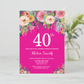 ホットピンクの花柄40歳誕生日招待状 招待状 (スタンド正面)