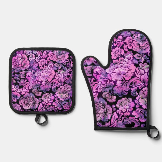 ホットピンクの花柄 鍋つかみ&鍋敷きセット (正面)