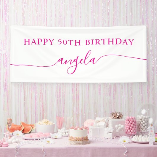 ホットピンクの華やかな50歳の誕生日おめでとう 名前入り 横断幕 (パーティー)
