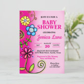 ホットピンクの落書き花のベビーシャワー 招待状 (スタンド正面)