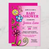 ホットピンクの落書き花のベビーシャワー 招待状 (正面/裏面)