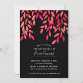 ホットピンクの葉 黒の誕生日招待状 (正面)