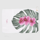 ホットピンクの蘭あなたの名前と熱帯フローラ ゴルフタオル (横)