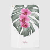 ホットピンクの蘭あなたの名前と熱帯フローラ ゴルフタオル (正面)