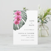 ホットピンクの蘭の熱帯パラダイス日付を保存 招待状 (スタンド正面)