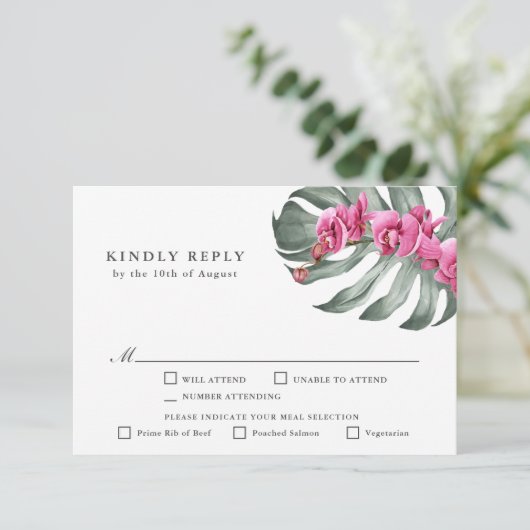 ホットピンクの蘭の熱帯性RSVP with Entrees 出欠カード (スタンド正面)