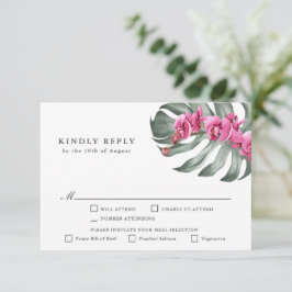 ホットピンクの蘭の熱帯性RSVP with Entrees 出欠カード