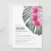 ホットピンクの蘭トロピカル40歳の誕生日パーティー 招待状 (正面)