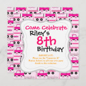 ホットピンクの車輪ビンテージカーズトラックスクーターズワゴン 招待状 (正面/裏面)