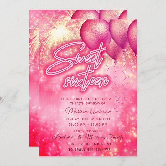 ホットピンクの風船の花火金ゴールドが輝く 招待状 (正面/裏面)