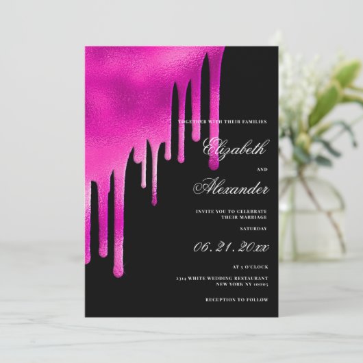 ホットピンクの黒い水の色のグラデーションの結婚乾燥 招待状 (スタンド正面)