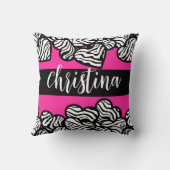 ホットピンクの黒と白のゼブラパターンハート名 クッション (裏面)
