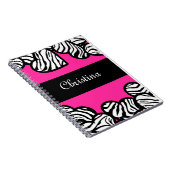 ホットピンクの黒と白のゼブラパターンハート名 ノートブック (右側)