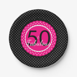 ホットピンクの黒ドット 50歳の誕生日おめでとうパーティー ペーパープレート