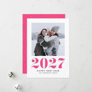 ホットピンクの2027年レトロ風タイポグラフィー新年フォト シーズンカード