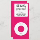 ホットピンクのMP3プレーヤーiParty誕生パーティー 招待状 (正面/裏面)