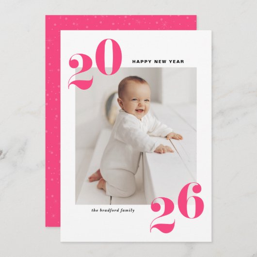 ホットピンクはっきりしたタイポグラフィ2025年新年写真 シーズンカード (正面/裏面)