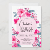 ホットピンクはっきりしたブルーフローラアーチシックブライダルシャワー 招待状 (正面)
