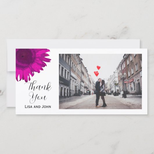ホットピンクひまわりサンフラワーありがとうフォトカード サンキューカード (正面)