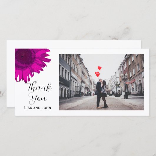 ホットピンクひまわりサンフラワーありがとうフォトカード サンキューカード (正面/裏面)