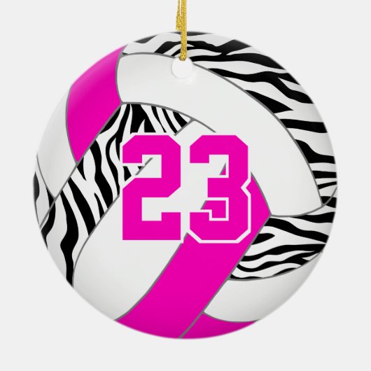 ホットピンクまたは任意の色wブラックゼブラバレーボール セラミックオーナメント (裏面)
