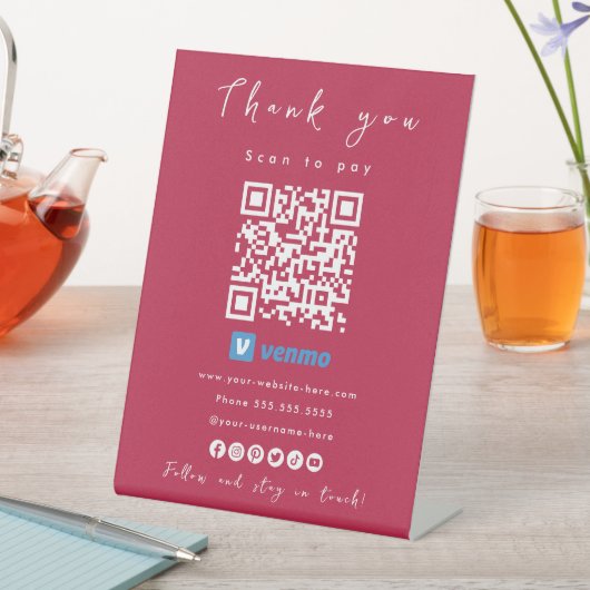 ホットピンクを支払うためにVenmo QRコードスキャンありがとう 台座サイン (インサイチュ)