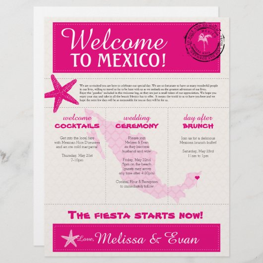 ホットピンクアイボリー結婚のメキシコ向けウェルカムレター (正面/裏面)