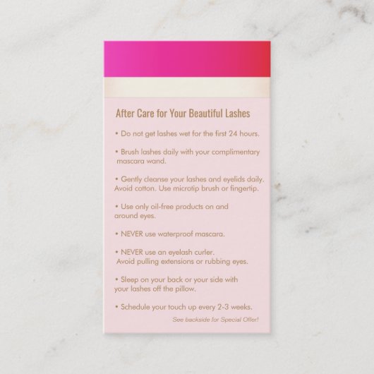 ホットピンクアイラッシュエクステンションアフターケア紹介 紹介カード (正面)