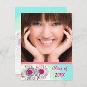 ホットピンクアクアモダン卒業オープンハウス招待状 インビテーションポストカード (正面/裏面)