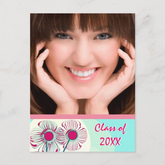 ホットピンクアクアモダン卒業オープンハウス招待状 インビテーションポストカード (正面)