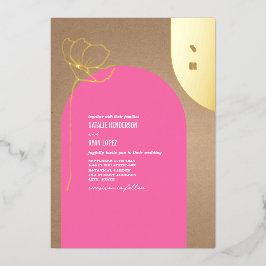 ホットピンクアーチフローラモノグラム箔 箔招待状