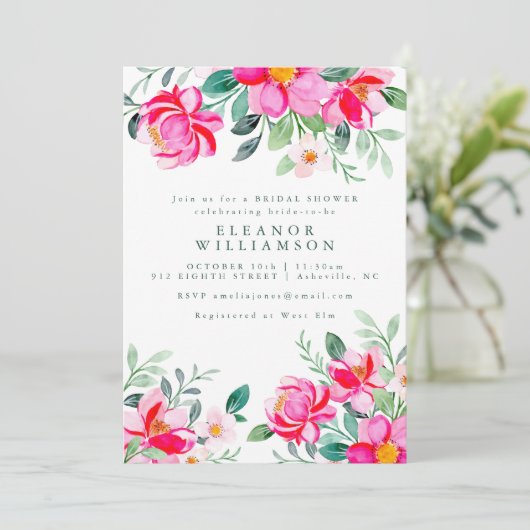 ホットピンクイエローウォーターカラーフローラブライダルシャワー 招待状 (スタンド正面)