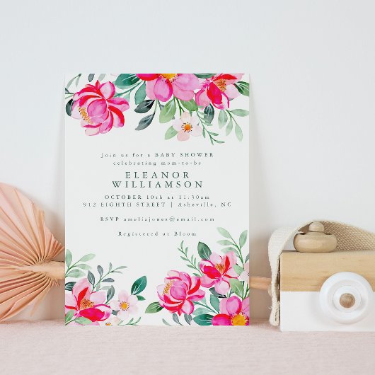 ホットピンクイエローウォーター色フローラベビーシャワー 招待状