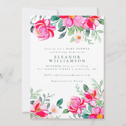 ホットピンクイエローウォーター色フローラベビーシャワー 招待状 (正面)