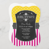ホットピンクイエローグレーチョークボードストライプ赤ちゃんシャワー 招待状 (正面/裏面)