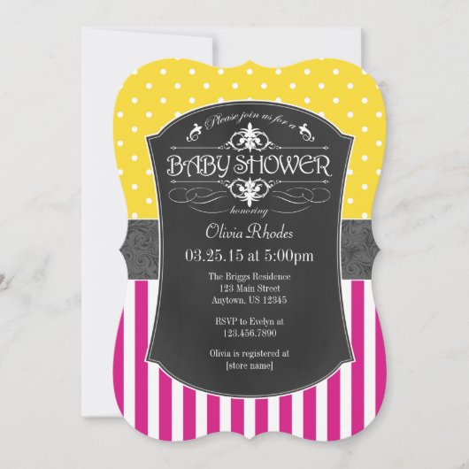 ホットピンクイエローグレーチョークボードストライプ赤ちゃんシャワー 招待状 (正面)