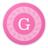 ホットピンクウィットギリシャ鍵RNDフレームイニシャルモノグラム セラミックノブ (正面)