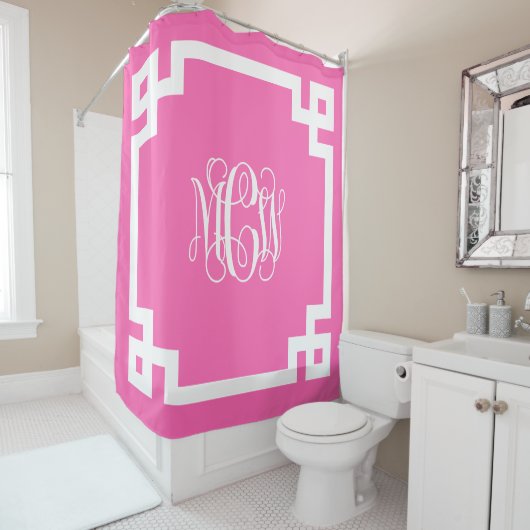 ホットピンクウェイトつる植物モノグラムDIY BG & Greek鍵フレーム シャワーカーテン (インサイチュ)