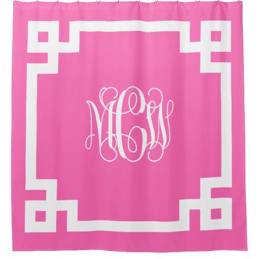 ホットピンクウェイトつる植物モノグラムDIY BG & Greek鍵フレーム シャワーカーテン (正面)