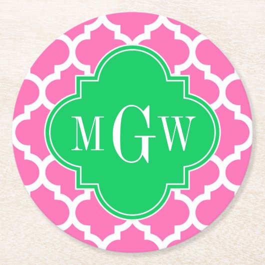 ホットピンクウエットモロッコエメラルド#5 3イニシャルモノグラム ラウンドペーパーコースター (正面)