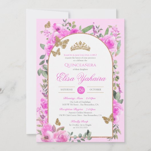 ホットピンクウォーターカラーゴールデンバタフライキンセアニラ 招待状 (正面)