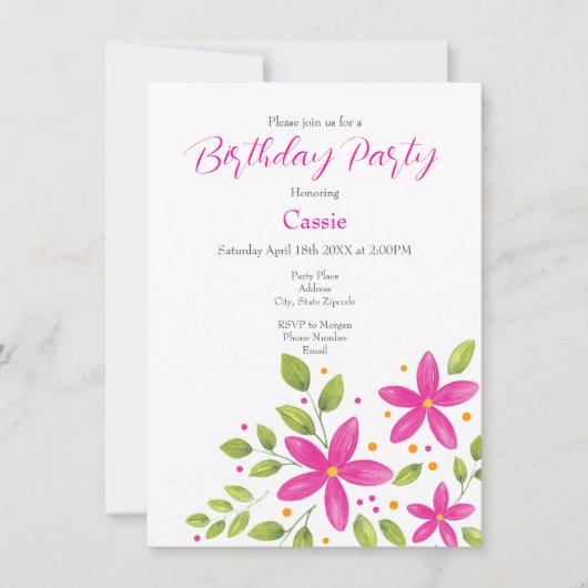 ホットピンクウォーターカラーフローラブーケ 招待状 (正面)