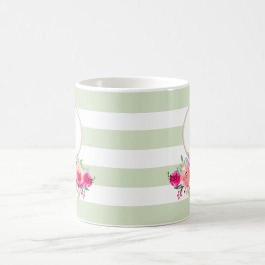 ホットピンクウォーターカラーフローラモノグラムオンミントストライプ コーヒーマグカップ (中央)