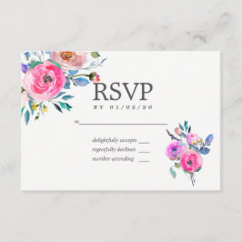 ホットピンクウォーターカラーフローラ結婚式RSVP 出欠カード